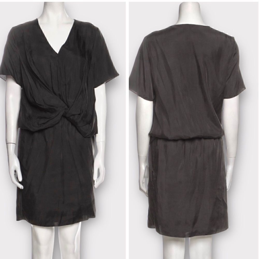 CARVEN Black Silky V-Neck Midi Length Shift Dress Criss-Cross Front Sz 38 US 10